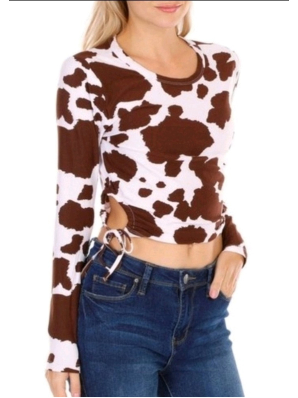 NWT Love Dazed Brown Cow Print Long Sleeve Crop Top Side Cutouts Size M Y2K